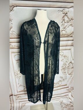 Garage Black Sheer Floral Lace Tie-Front Kimono